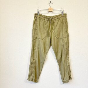 FREE PEOPLE High Rise Drawstring Pants Olive Large Pockets Linen Blend